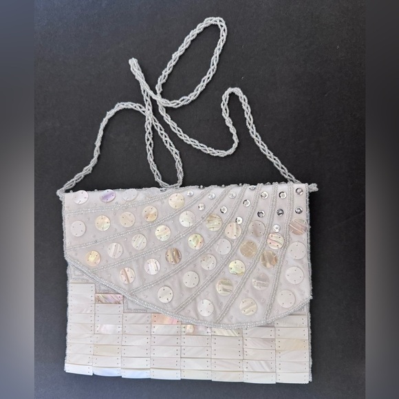 Mad by Design Mother of Pearl Beads Sequins Clutch or Handled White Spun Silk - Picture 1 of 13